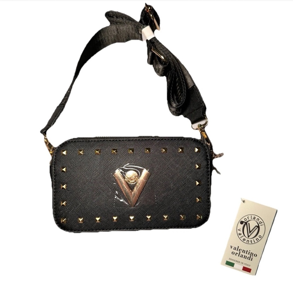 NWT Valentino Orlandi Italian Crossbody Camera Bag Purse Black Gold Hardware